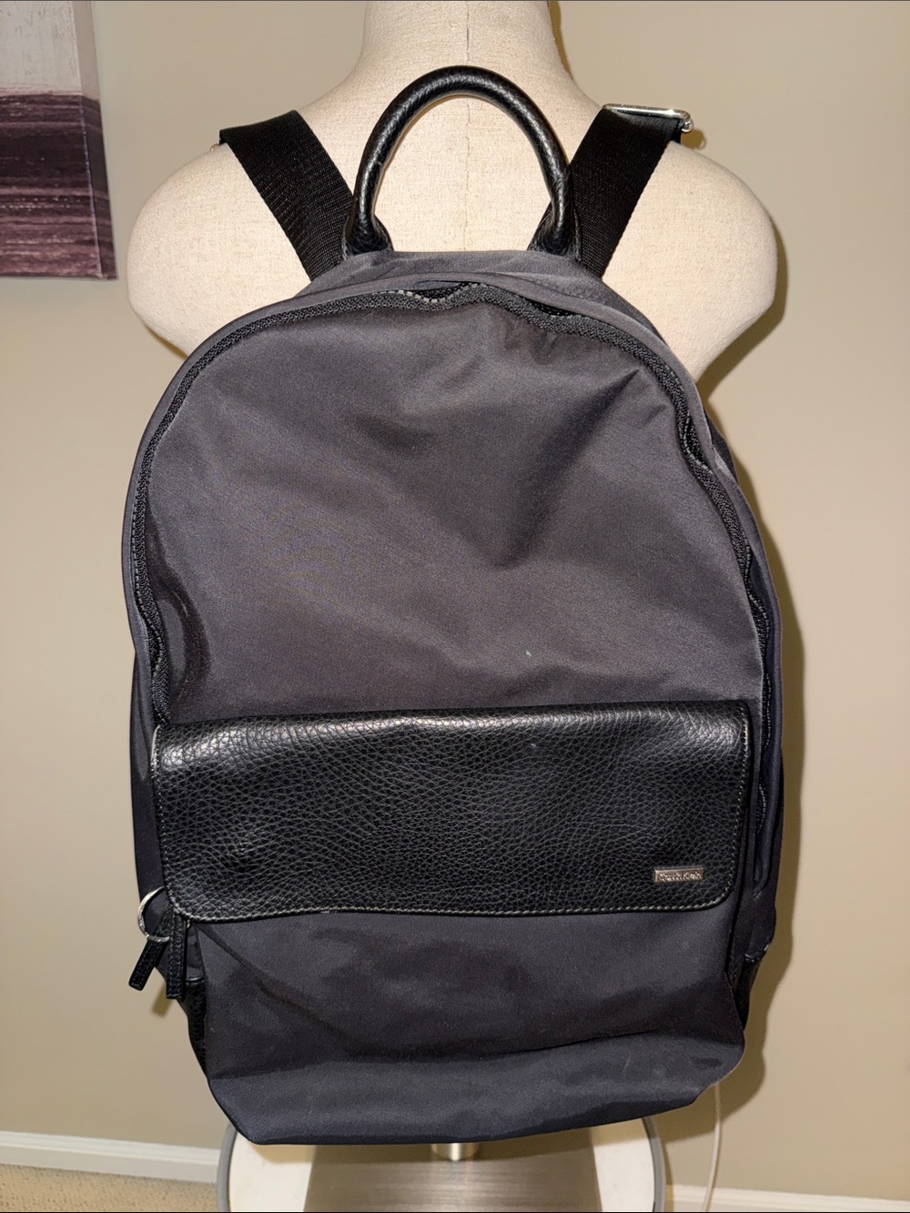 Calvin Klein Black Nylon Backpack with Black Textured Leather Pocket